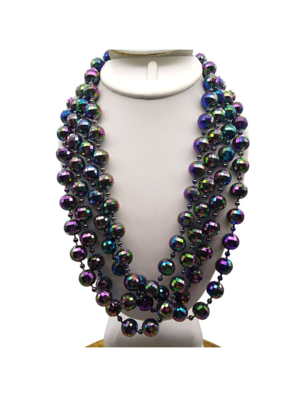 Retro Oil Slick Beads Necklace, Black Plastic Long Strand with Glossy AB Finish